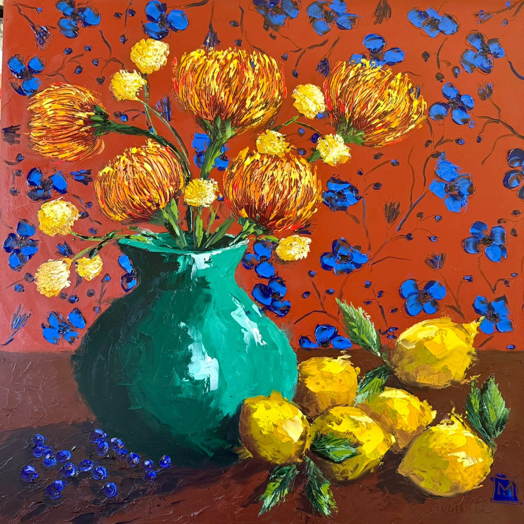 Blues, lemons and red ochre.