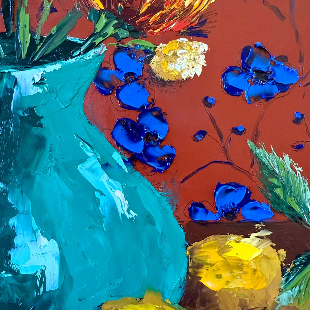 Blues, lemons and red ochre.