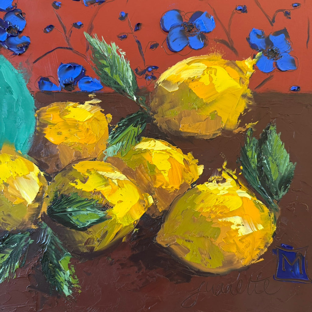 Blues, lemons and red ochre.