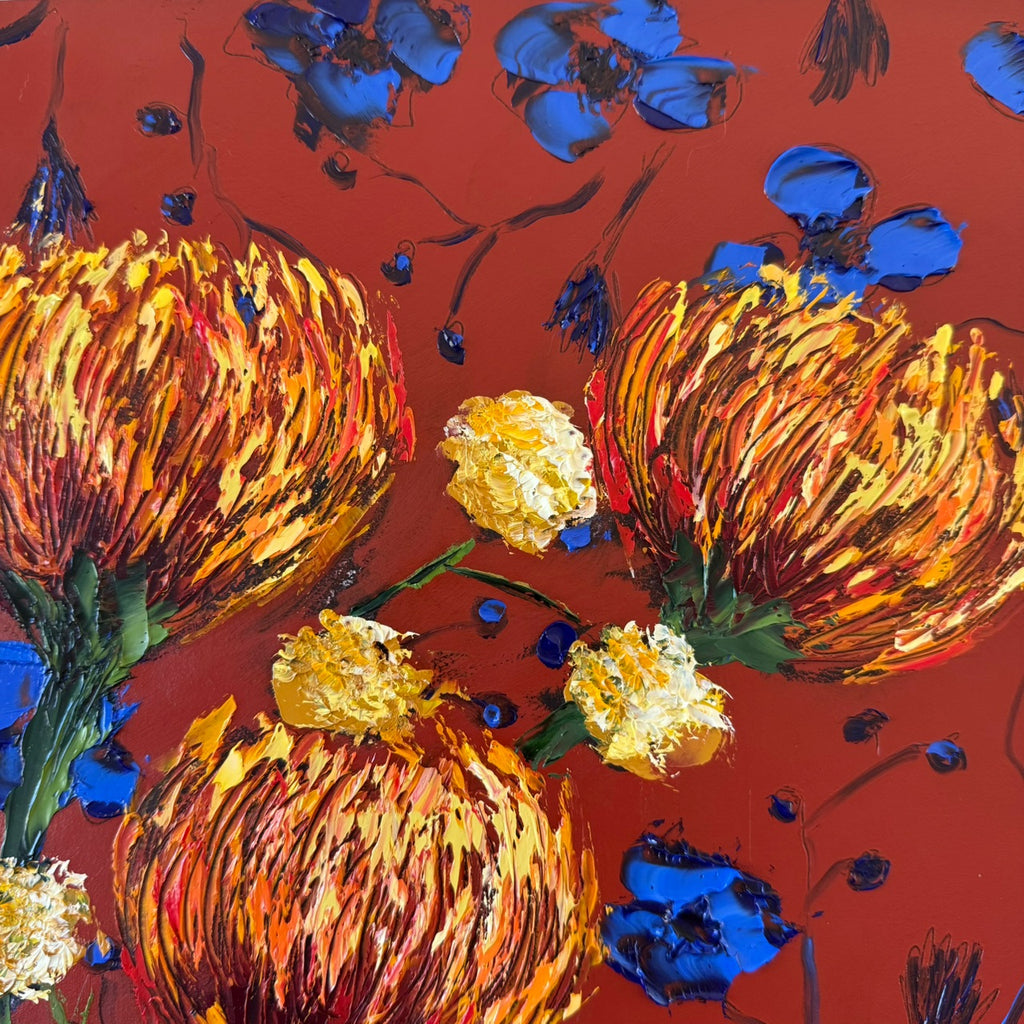 Blues, lemons and red ochre.