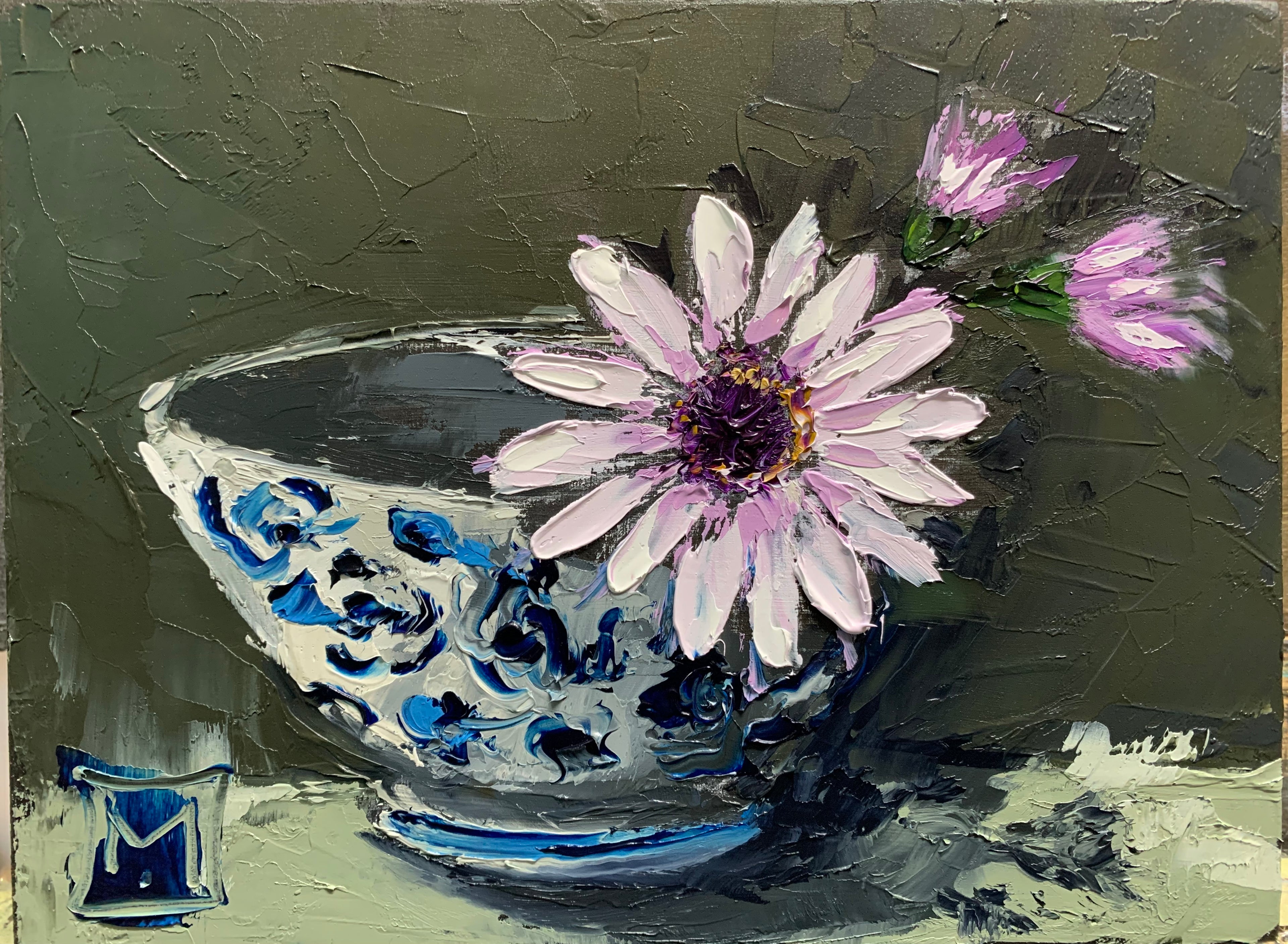 Purple daisies in delft (set of two)