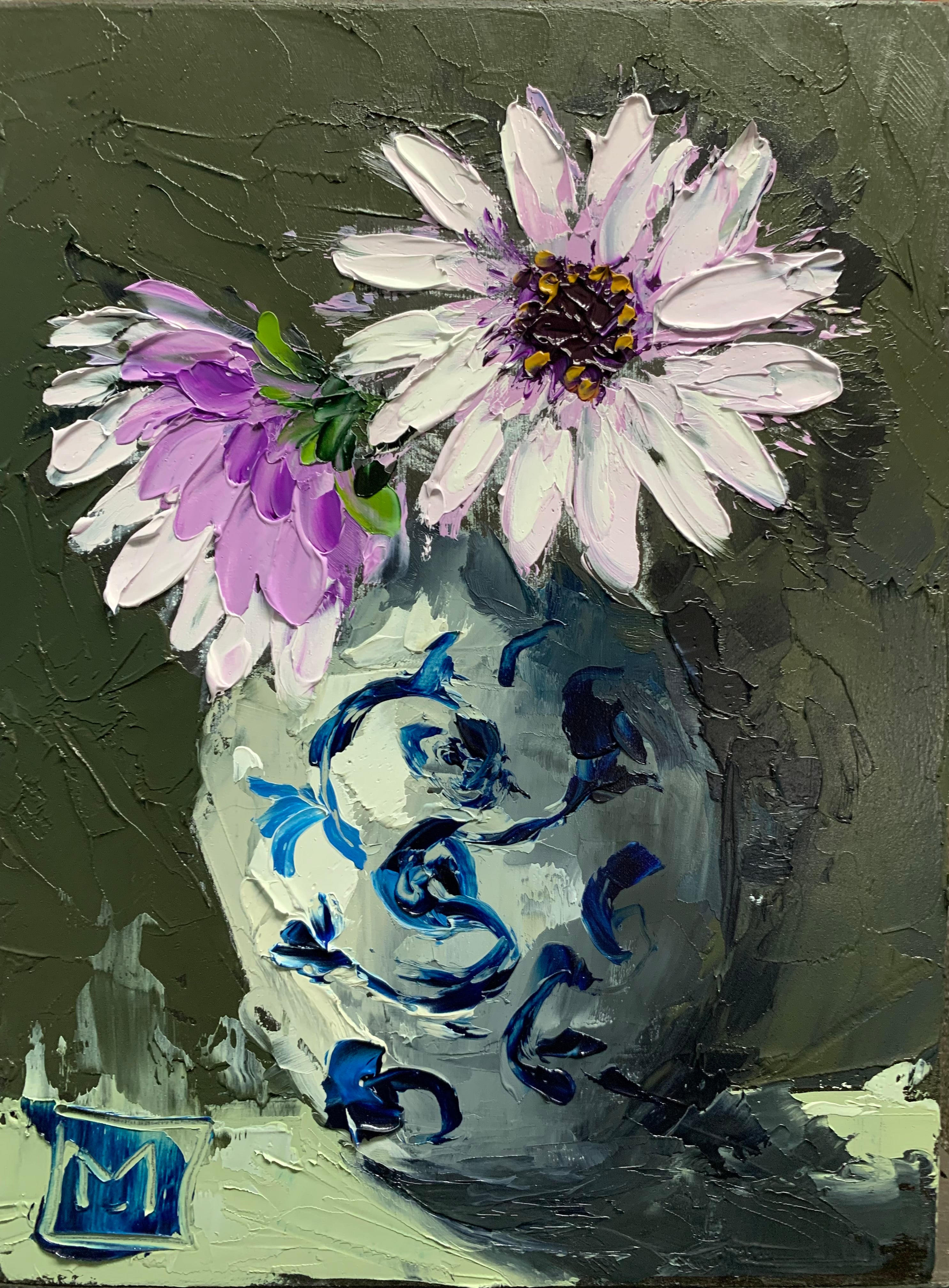 Purple daisies in delft (set of two)