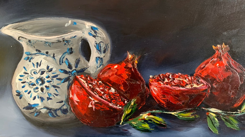 Stillife with books and pomegranates