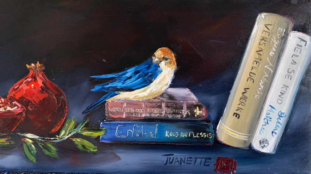 Stillife with books and pomegranates