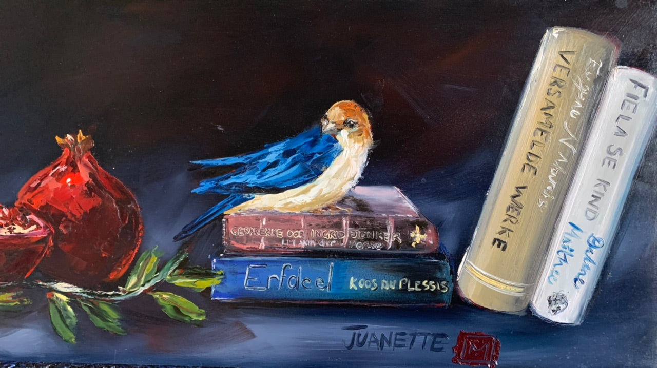 Stillife with books and pomegranates