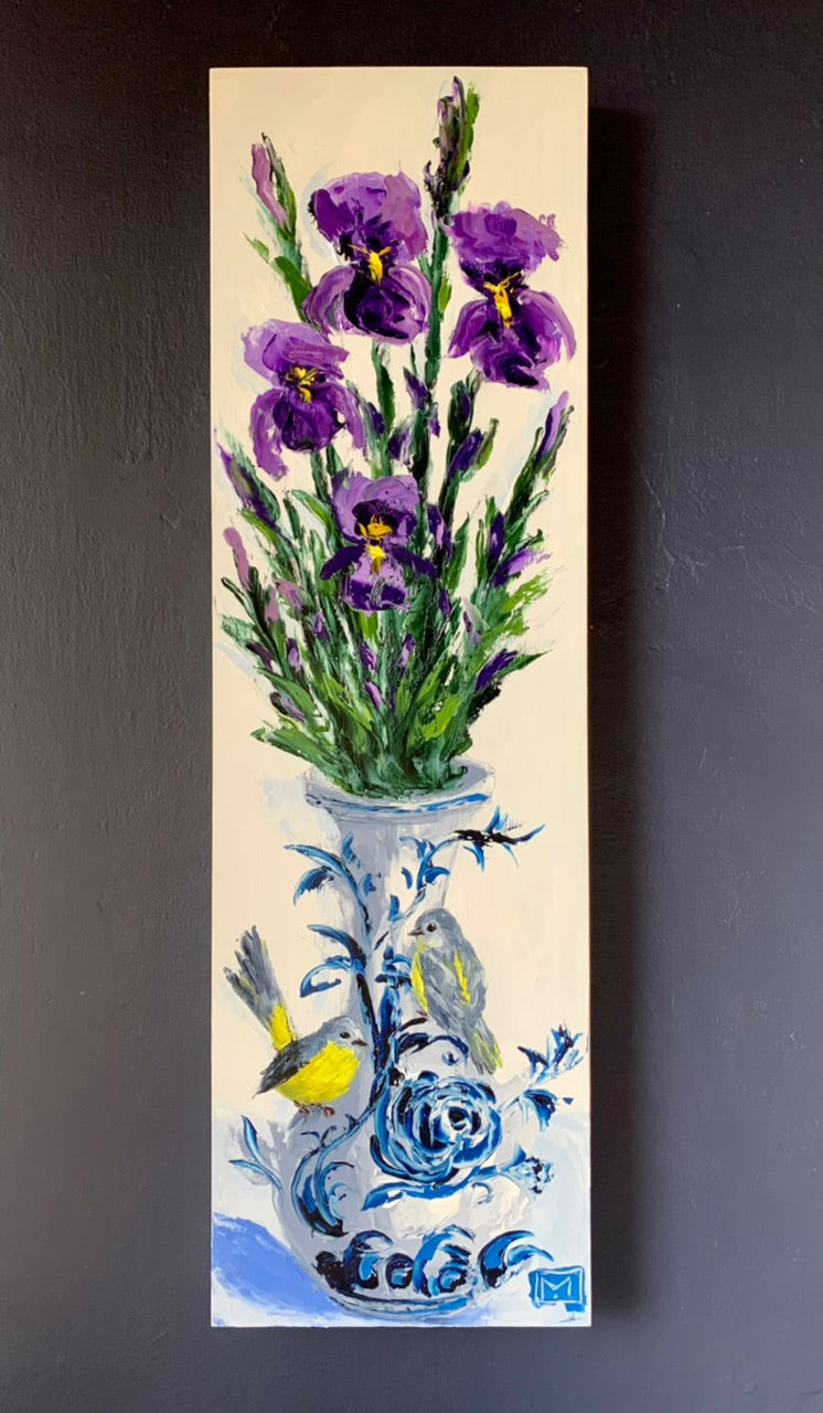 Irises an two yellow birds