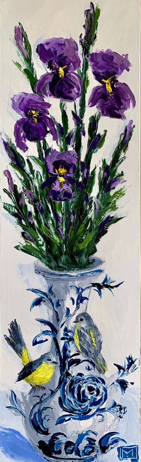 Irises an two yellow birds