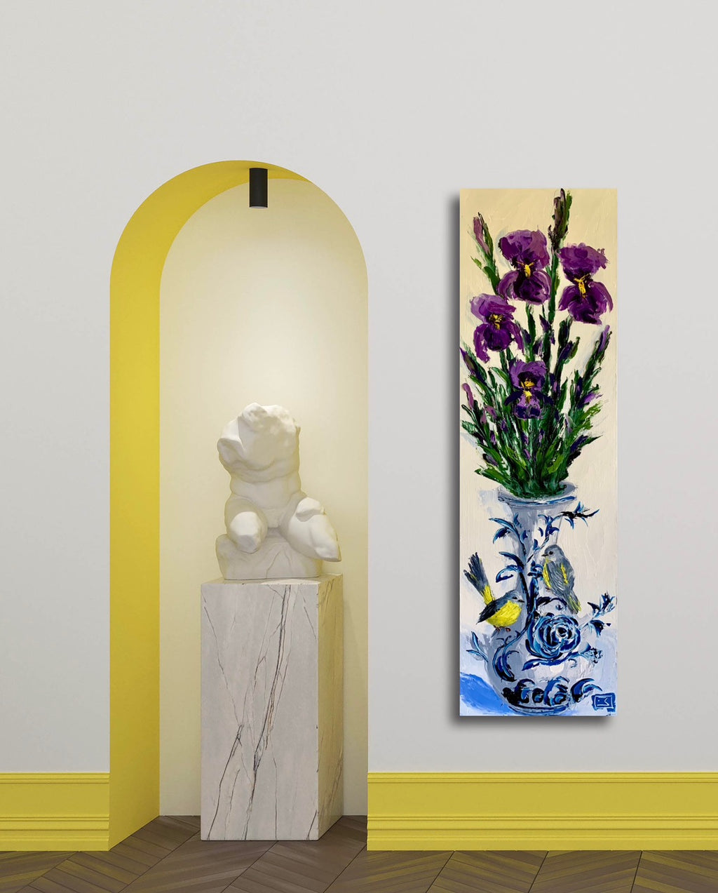 Irises an two yellow birds