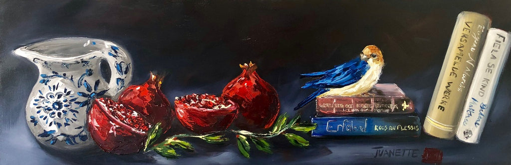 Stillife with books and pomegranates